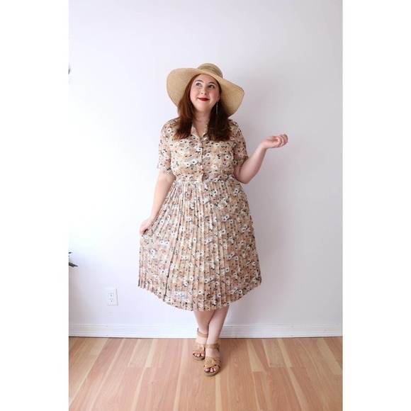 40s Brown Autumn Floral Dress A Line Sheer Daisy - Picture 8 of 10